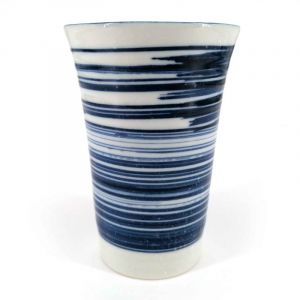 Japanese ceramic mazagran, blue and white, brush lines - MIGAKIMASU
