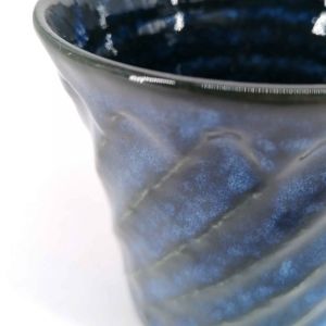 Japanese flared ceramic tea cup, midnight blue, diagonal stripes - MIDDONAITOBURU